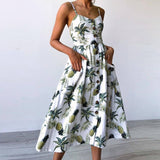 Sexy V Neck Backless Floral Summer Beach sundress dress Women 2019 White Boho Striped Button Sunflower Daisy Party Midi Dresses - DYALAK SHOP