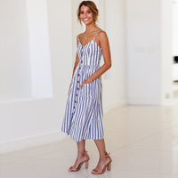 Sexy V Neck Backless Floral Summer Beach sundress dress Women 2019 White Boho Striped Button Sunflower Daisy Party Midi Dresses - DYALAK SHOP