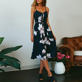 Sexy V Neck Backless Floral Summer Beach sundress dress Women 2019 White Boho Striped Button Sunflower Daisy Party Midi Dresses - DYALAK SHOP