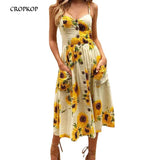 Sexy V Neck Backless Floral Summer Beach sundress dress Women 2019 White Boho Striped Button Sunflower Daisy Party Midi Dresses - DYALAK SHOP