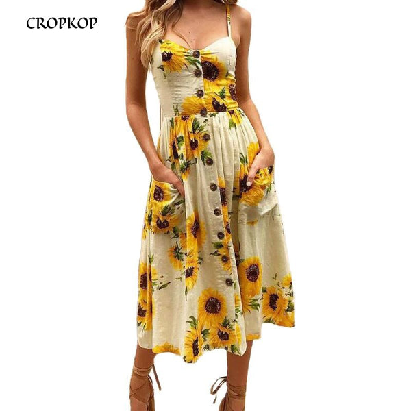 Sexy V Neck Backless Floral Summer Beach sundress dress Women 2019 White Boho Striped Button Sunflower Daisy Party Midi Dresses - DYALAK SHOP